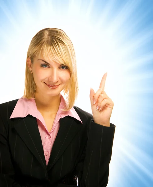 Mulher de negócios bonita apontando o dedo no backgro abstrato — Fotografia de Stock