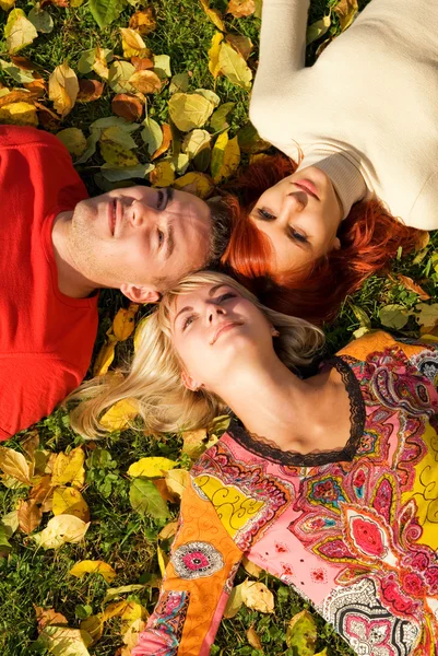 Três Amigos Deitados Folhas Outono — Fotografia de Stock
