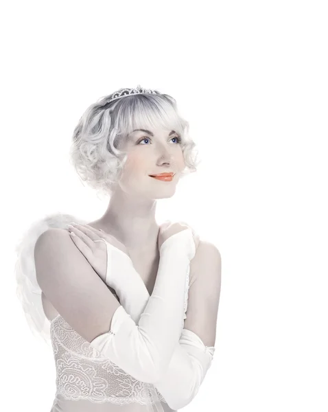 Mooie engel meisje op witte achtergrond — Stockfoto