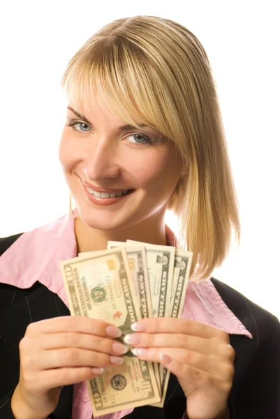 Счастливая деловая женщина с американскими долларами в руках — стоковое фото