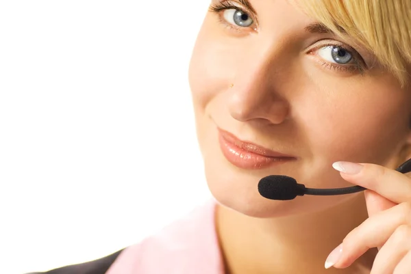 Beautiful Hotline Operator Headset Isolated White Background — Stock Photo, Image
