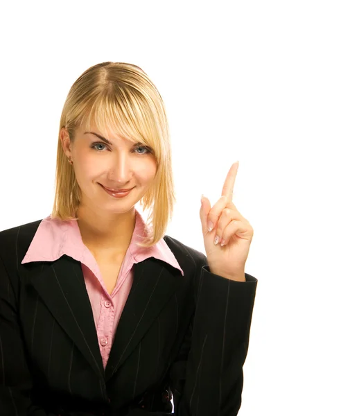 Schöne Geschäftsfrau zeigt mit dem Finger. isoliert auf weiß — Stockfoto