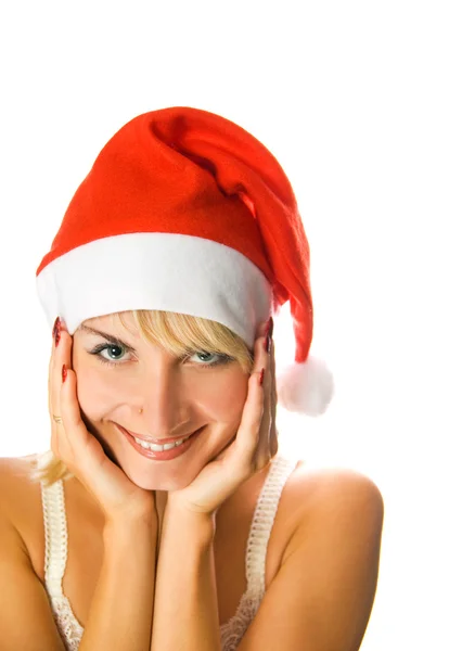 Mrs. Santa dreaming about Chrismas presents isolated on white ba — Stock Photo, Image