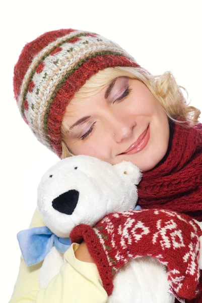 Красива Дівчина Зимовому Одязі Іграшкою Білого Ведмедя — стокове фото
