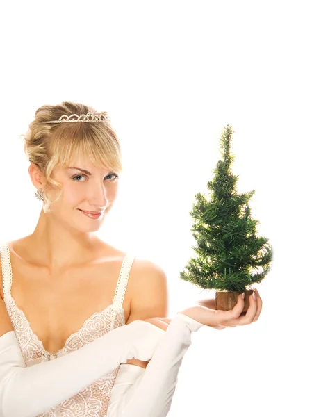 Menina Loira Bonita Segurando Uma Árvore Natal Isolada Fundo Branco — Fotografia de Stock