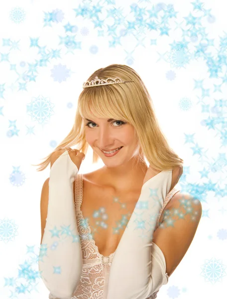 Vacker prinsessa på abstrakt jul bakgrund — Stockfoto