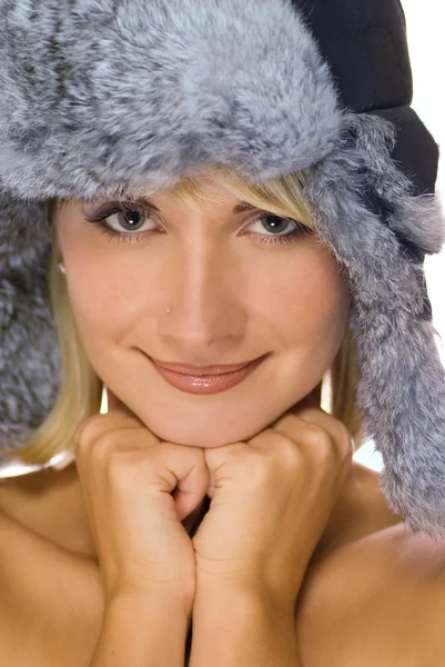 Schöne Junge Mädchen Winter Pelzmütze — Stockfoto