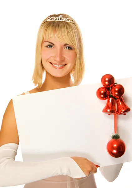 Beautiful Christmas Elf Holding White Noticeboard — Stock Photo, Image