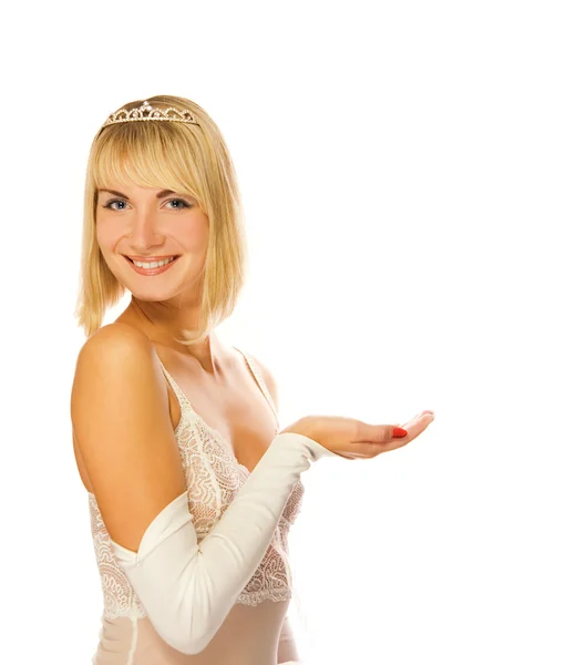 Beautiful Princess Her Hand Outstretched Though She Presenting Something Perfect — Stock Photo, Image