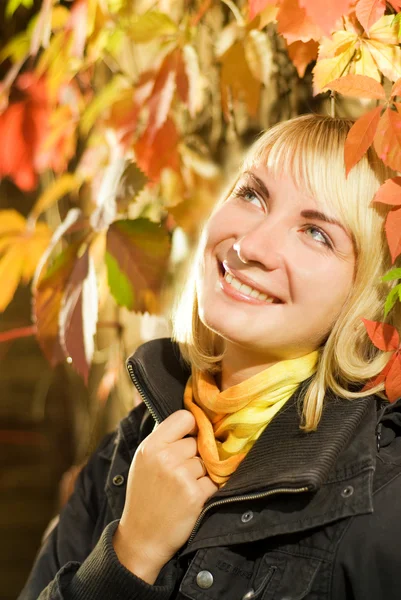 Mladá Blondýnka Podzimní Pozadí — Stock fotografie