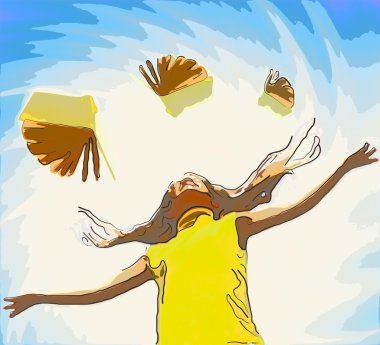 Young happy girl over abstract background and flying books aroun clipart
