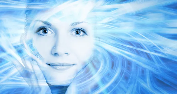 Beautiful cyber girl's face on abstract background — Stock Photo, Image