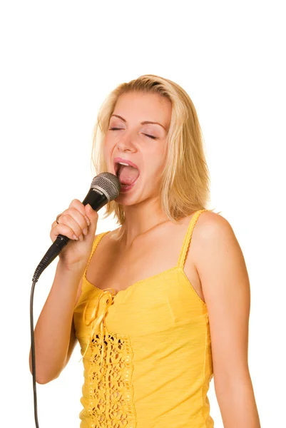 Dívka Mikrofonem Izolovaných Bílém Pozadí — Stock fotografie