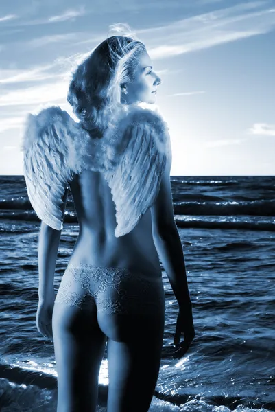 Όμορφη άγγελος σε μια θάλασσα στο ηλιοβασίλεμα χρόνος (τονισμένο μπλε) — Φωτογραφία Αρχείου