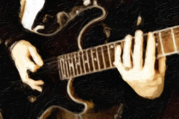 Músico toca la guitarra eléctrica (mira línea un pict pintado al óleo —  Fotos de Stock