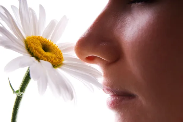 Girl smelling camomile isolated on white — Stock Photo, Image