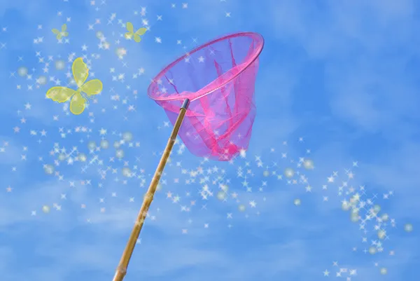 Pink butterfly net and magic yellow butterflies over blue sky — Stock Photo, Image