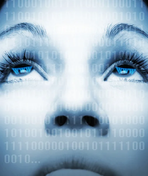 Cyber dívčí tvář na pozadí abstraktní — Stock fotografie
