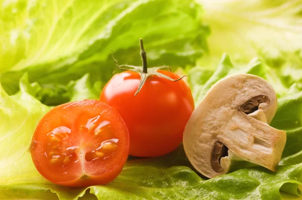 Tomate fresco e cogumelo em uma folha de salada verde — Fotografia de Stock