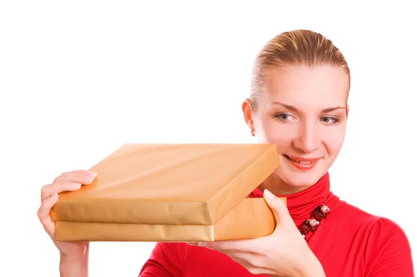 Blond girl with opening a box — Stock Photo, Image
