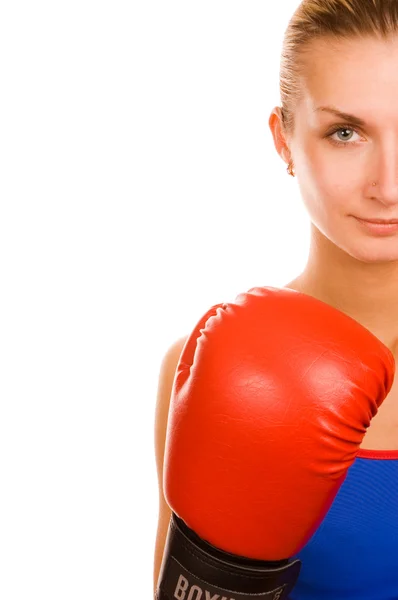 Blond girl with a red boxing glove — Stock Photo, Image