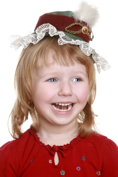 Ευτυχισμένη κοριτσάκι στο κόκκινο καπάκι — Φωτογραφία Αρχείου