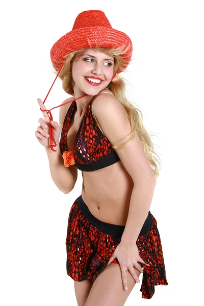 Joyeux jeune fille en rouge stetson chapeau — Photo