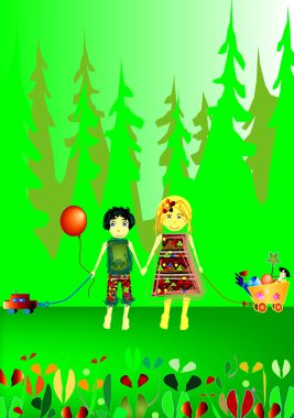 Kids playing near the forest clipart