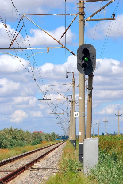 stock image Railroad and semaphore with green signal