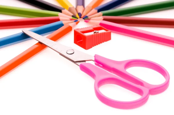 Multicolor pencils and red sharpener — Stock Photo, Image