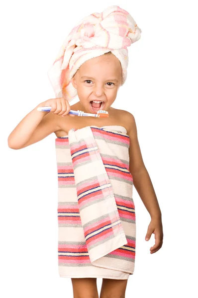 Ευτυχισμένη κοριτσάκι με οδοντόβουρτσα — Φωτογραφία Αρχείου