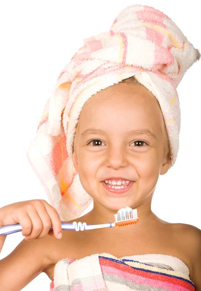 Ευτυχισμένη κοριτσάκι με οδοντόβουρτσα — Φωτογραφία Αρχείου