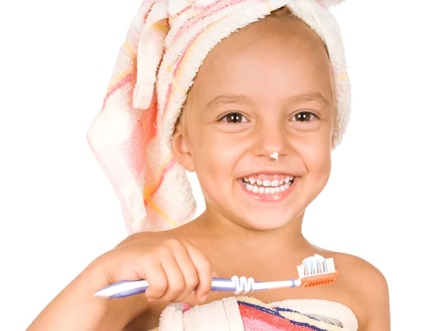 快乐的小女孩用牙刷 — 图库照片