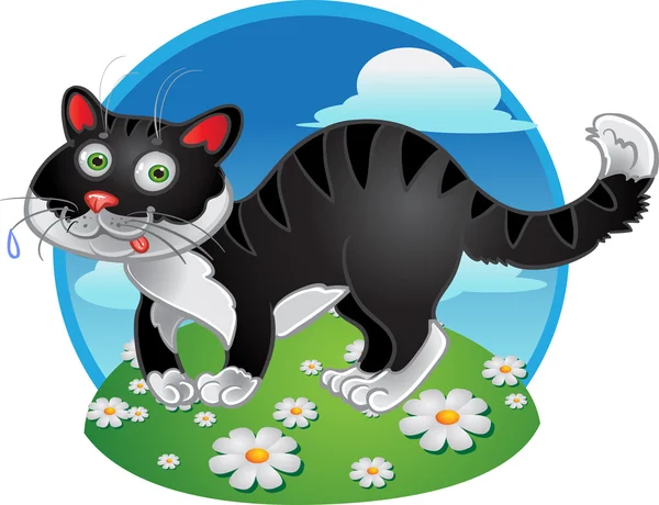 Black fun cat on color background — Stock Vector
