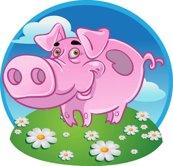 Funny pink pig on color background — Stock Vector