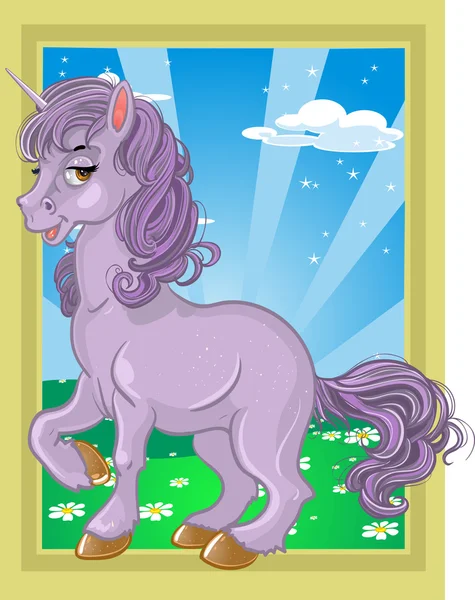 Fabulous violet unicorn on landscape — Stock Vector