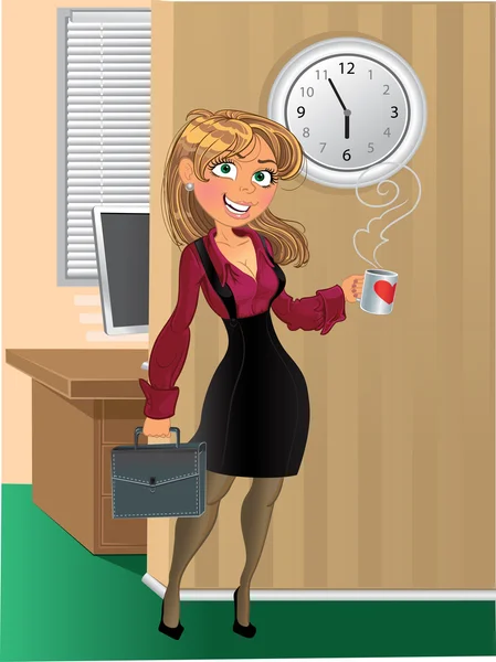 Blond i vin röd chemise med kopp te eller kaffe i office — Stock vektor
