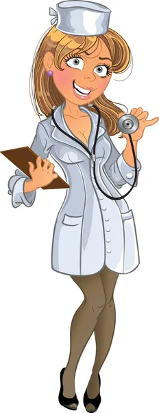 Медицинская девушка в белой форме с телефоном — стоковый вектор