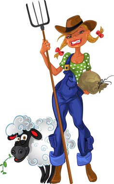 Sexy farm girl with agricultural implements and sheep clipart