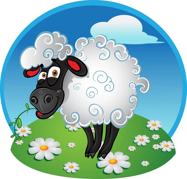 Sheep with blade of grass on color background — Stock Vector