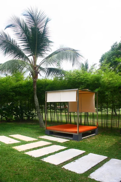 Cabana junto à piscina com coqueiro — Fotografia de Stock