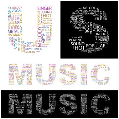 MUSIC. Vector letter collection. Illustration with different association te clipart