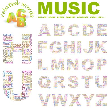 MUSIC. Vector letter collection. Illustration with different association te clipart