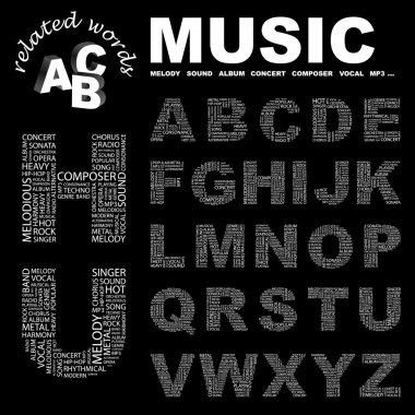 MUSIC. Vector letter collection. Illustration with different association te clipart