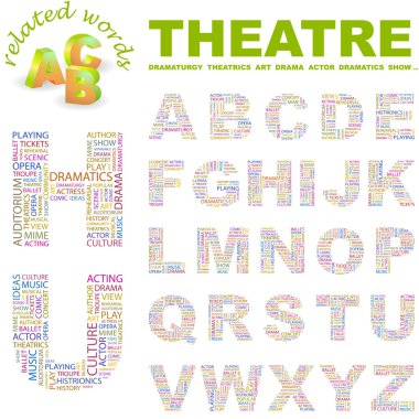 THEATRE. Word collage on black background. Illustration with different asso clipart