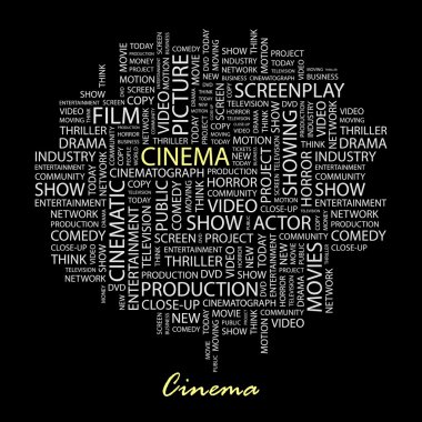 CINEMA. Word collage on black background. clipart