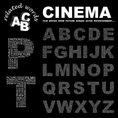 CINEMA. Word collage on black background. clipart