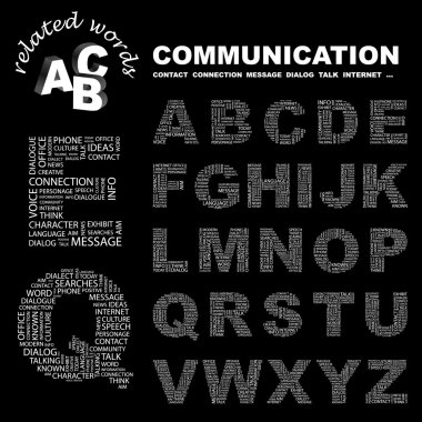 COMMUNICATION. Word collage on black background. clipart