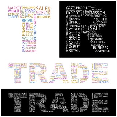 TRADE. Word collage on black background. clipart