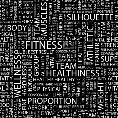 FITNESS. Seamless vector pattern with word cloud. clipart